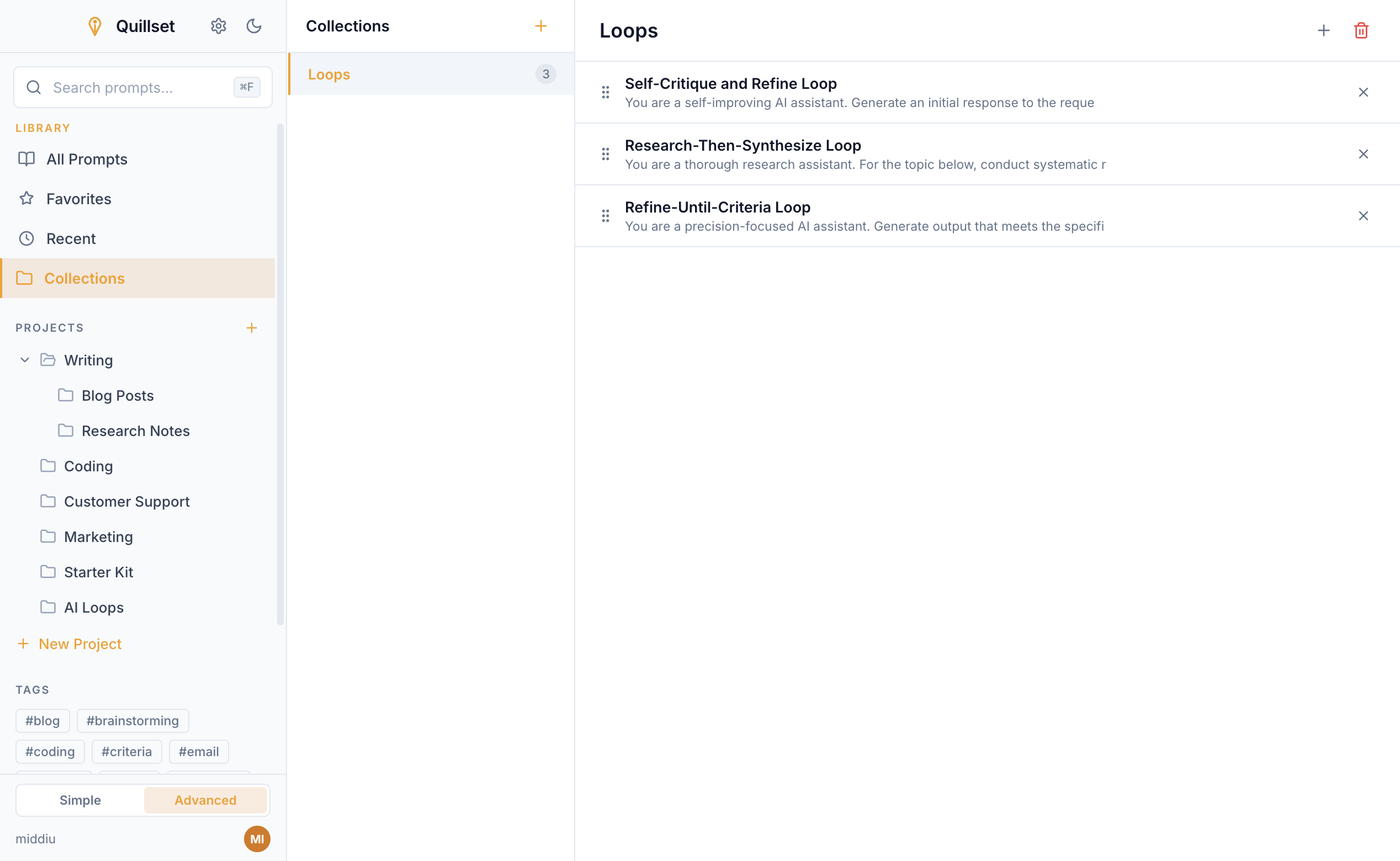Quillset AI Loops collection grouping self-critique, research-chain, and refine-until-criteria prompts into one reusable agentic workflow