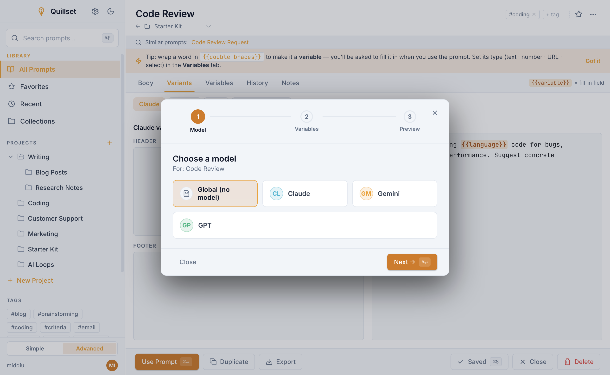 A guided, three-step flow to use a prompt